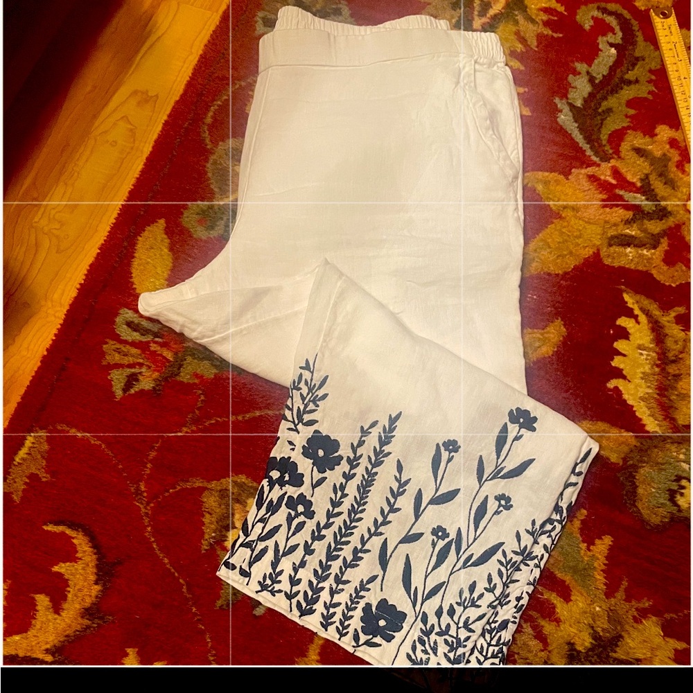 Charter Club White linen Pants with navy Blue embroidered Floral Design